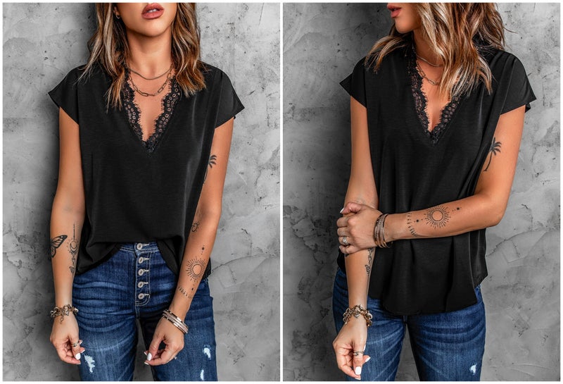 lime flare Women Sexy V Neck Lace Trim Satin T-Shirt Tops Dressy Silk Lacy Tank Blouse Shirt (Black Eyelash Lace Short Sleeve,XX-Large) - Image 3